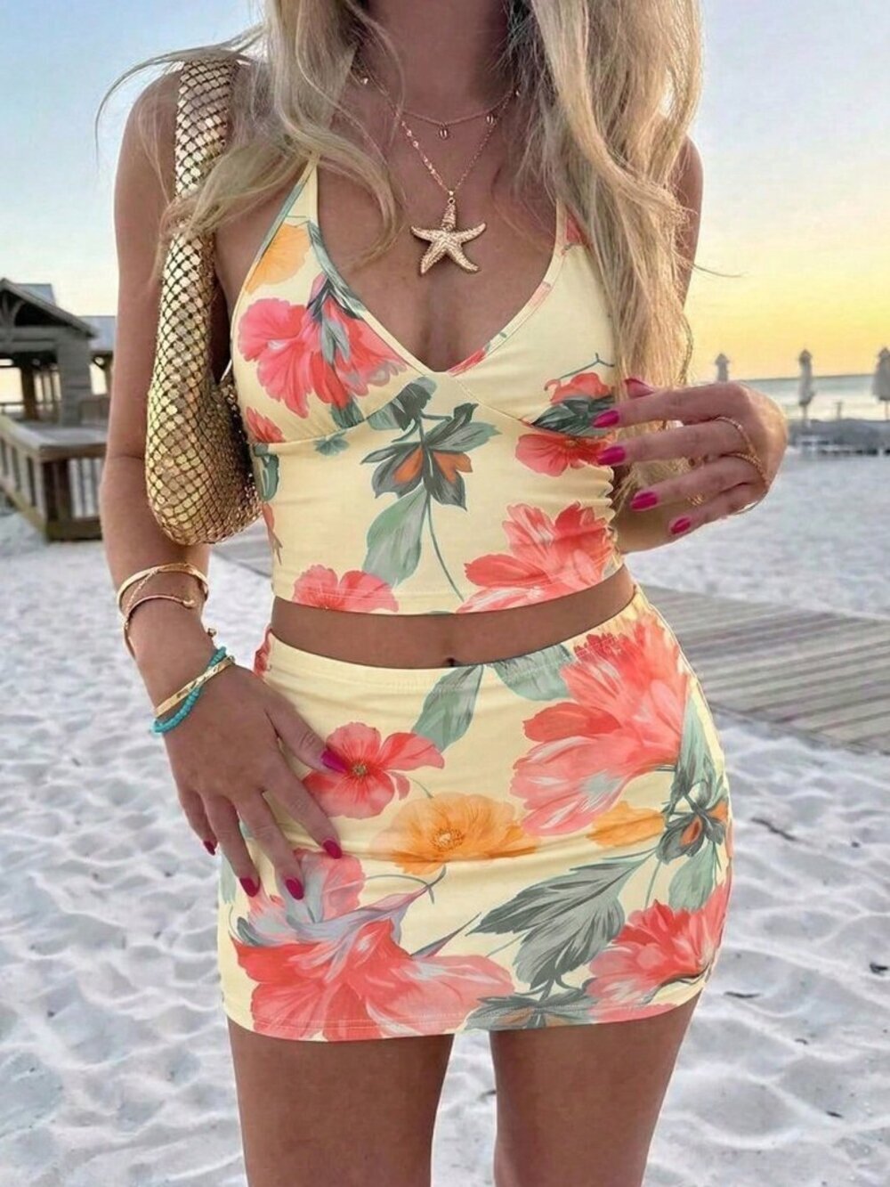 Multicolor Boho Women's Floral Spaghetti Strap Crop Top & Bodycon Mini Skirt Set